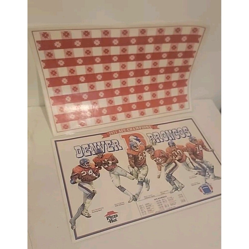 1977 Pizza Hut Denver Broncos Place Mat Set of 2 AFC Champs W/78 Schedule-EUC!